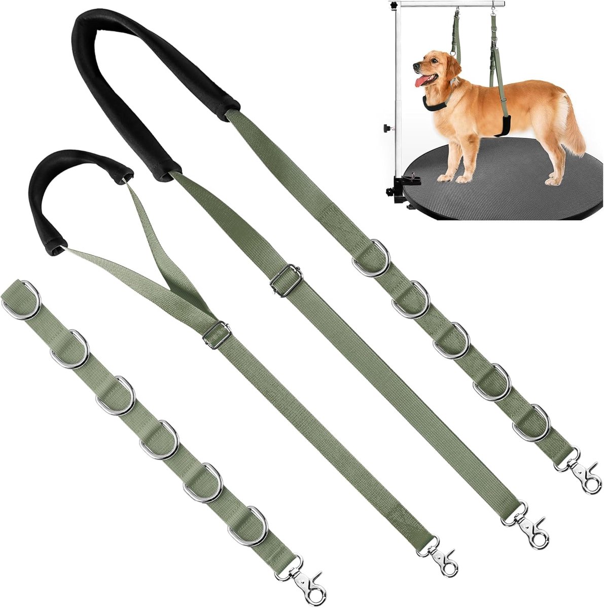 Hondenverzorgingsband - Hondenverzorgingsring, voor tafelblad, armverlengstuk, met clip, verlengring, badbeperking, lijn, niet zitten, kleine en middelgrote honden, knippen, wassen (legergroen)