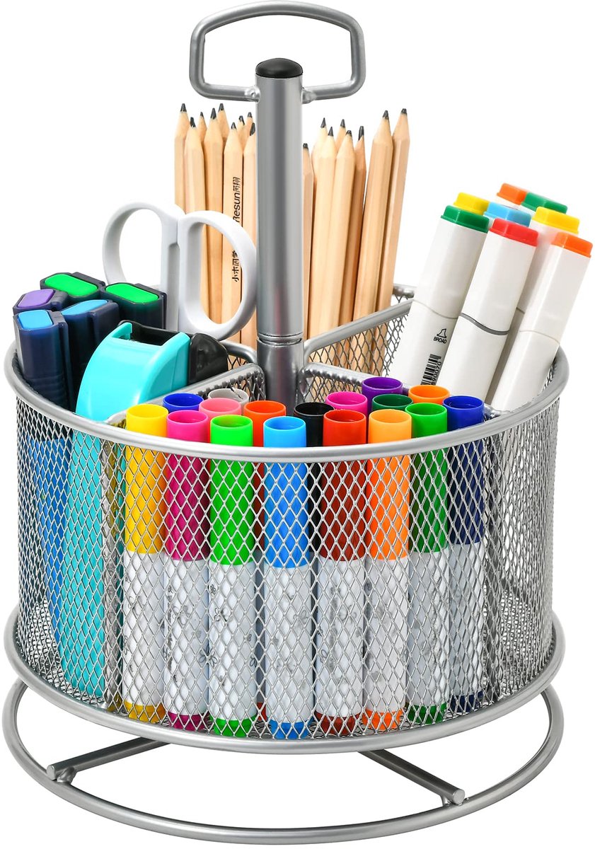 Mesh Bureau Organizer - 360 Graden Draaibaar - Multifunctioneel - Met 4 Vakken - Voor Thuis en Kantoor - Zilver
