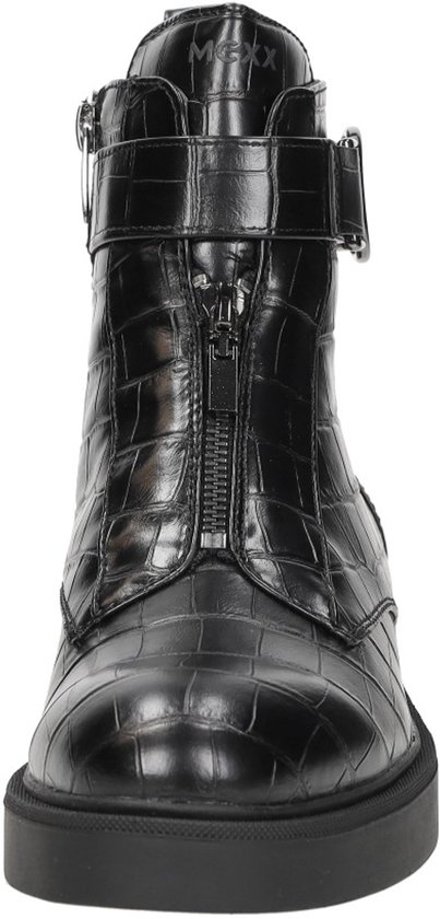 Bottines noires à imprimé crocodile, fermeture éclair et boucle.