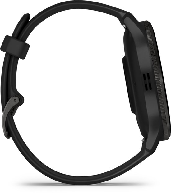Zijprofiel van een zwarte Garmin smartwatch met een zwart bandje.