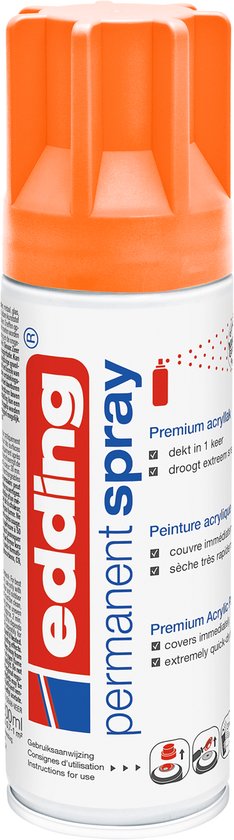 Bombe de peinture orange avec 'edding permanent spray' en bleu et logo rouge.