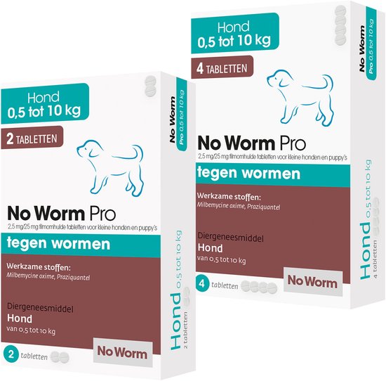 Doosjes No Worm Pro tabletten voor honden: 2 tabletten (0,5-10 kg) en 4 tabletten (0,5-10 kg).