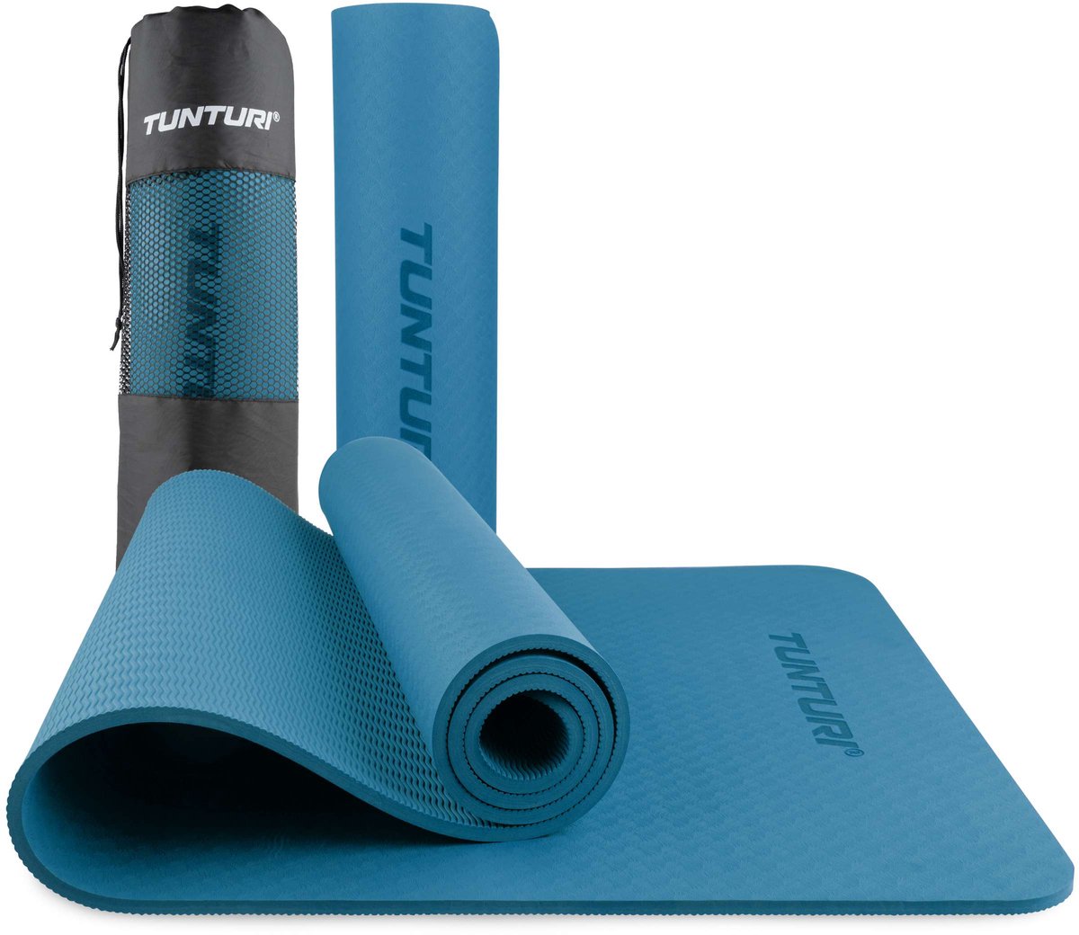 Tunturi Yogamat 8mm - Pilates mat - Extra dikke sportmat - 183x61x08 cm - Incl Draagtas - Anti Slip en Eco - Petrol Blauw