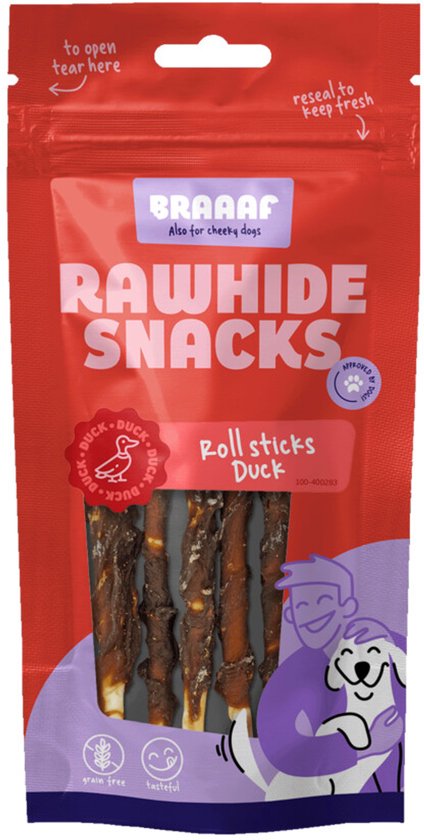 Braaaf Rol Sticks Hondensnack 12 cm Eend - 10 x 80 gr - Voordeelverpakking