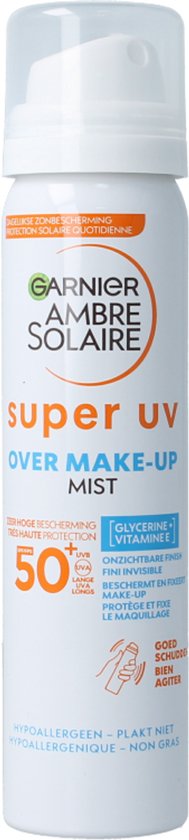 Garnier Ambre Solaire Over Make-up Super UV Mist Gezicht SPF50 - met Glycerine, Vitamine E en Hyaluronzuur – Beschermt & Fixeert Make-up - Skizonnebrandcreme - 75ml