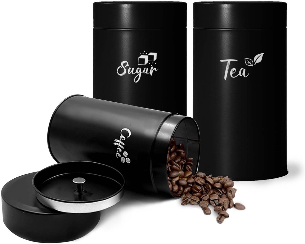 Ibenzoa® Set van drie zwarte luchtdichte opbergblikken voor koffie, thee en suiker