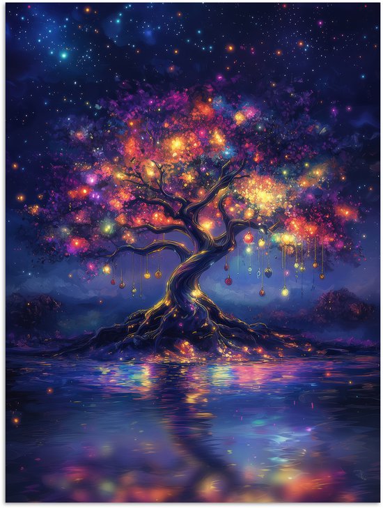 Poster 60x80 cm - Kosmisch - lichtboom - Kerst - Kleurrijk - Posters - Kamer decoratie - Wanddecoratie woonkamer - Muurdecoratie slaapkamer - Kerstversiering - Kerstdecoratie voor binnen - Kerstmis