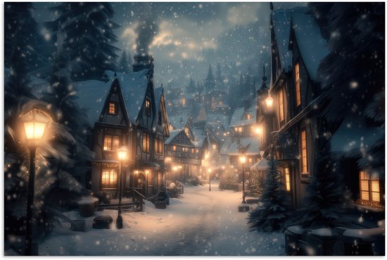 Poster 60x40 cm - Winterdorp - Sneeuw - Donker - Posters - Kamer decoratie - Wanddecoratie woonkamer - Muurdecoratie slaapkamer