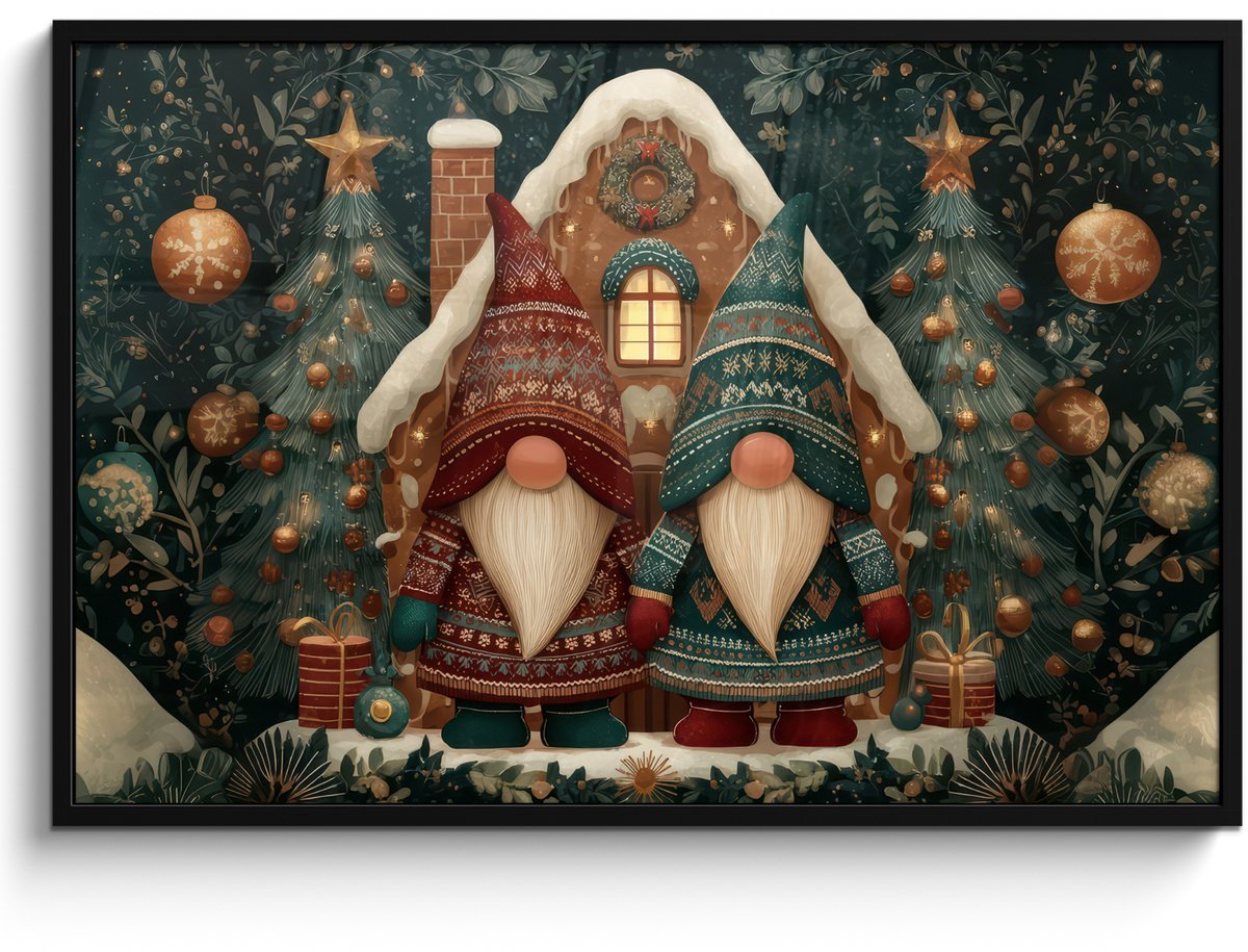 FrameYourWall Poster in lijst - Fotolijst 120x80 cm - Posters - Kerst - Gnomen - Peperkoekhuisje - Rood - Groen - Posterlijst zwart - Decoratie - Wanddecoratie woonkamer - Muurdecoratie slaapkamer - Kerstversiering - Kerstdecoratie voor binnen - Kerstmis Kerst - Gnomen - Huisje - Rood - Groen