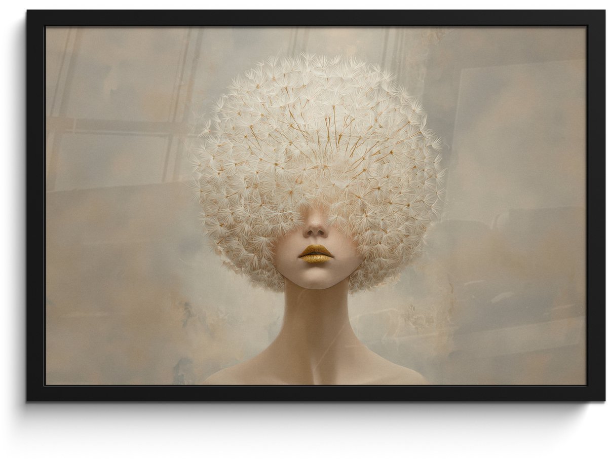 FrameYourWall Poster in lijst - Fotolijst 60x40 cm - Posters - Dromerig - Beige - Paardenbloemzaadjes - Posterlijst zwart - Decoratie - Wanddecoratie woonkamer - Muurdecoratie slaapkamer