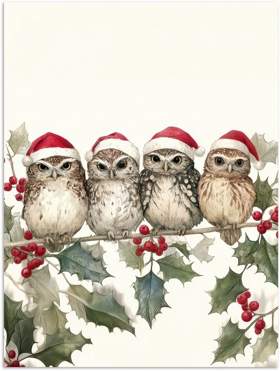 Poster 60x80 cm - Uilen - Tak - Hulstblaadjes - Kerstmuts - Posters - Kamer decoratie - Wanddecoratie woonkamer - Muurdecoratie slaapkamer - Kerstversiering - Kerstdecoratie voor binnen - Kerstmis