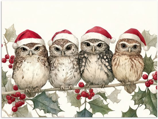 Poster 40x30 cm - Uilen - Tak - Hulstblaadjes - Kerstmuts - Posters - Kamer decoratie - Wanddecoratie woonkamer - Muurdecoratie slaapkamer - Kerstversiering - Kerstdecoratie voor binnen - Kerstmis
