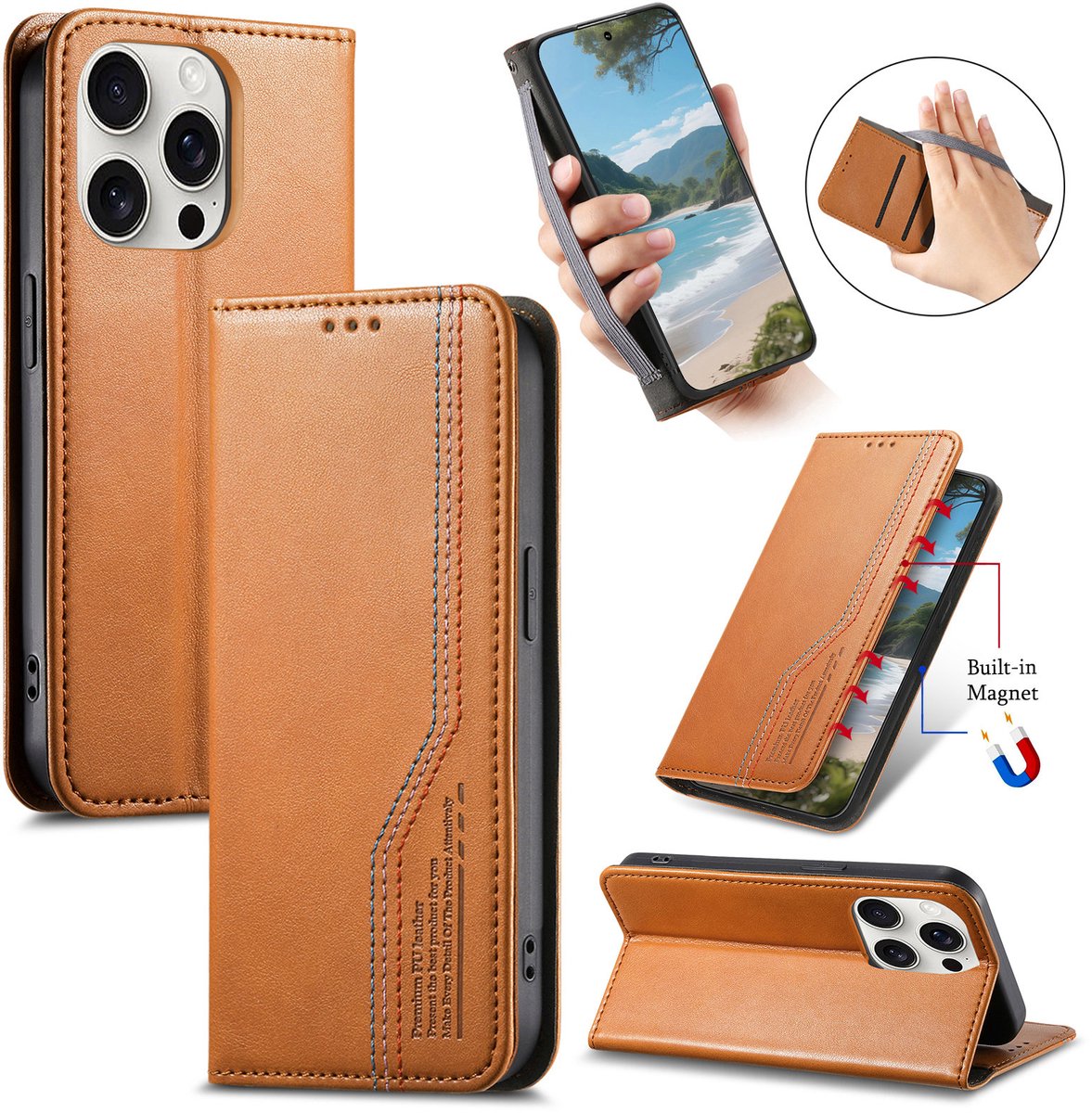 Praktische en Stijlvolle PU Leren Portemonnee Hoes voor iPhone 16 Pro _ Bruin