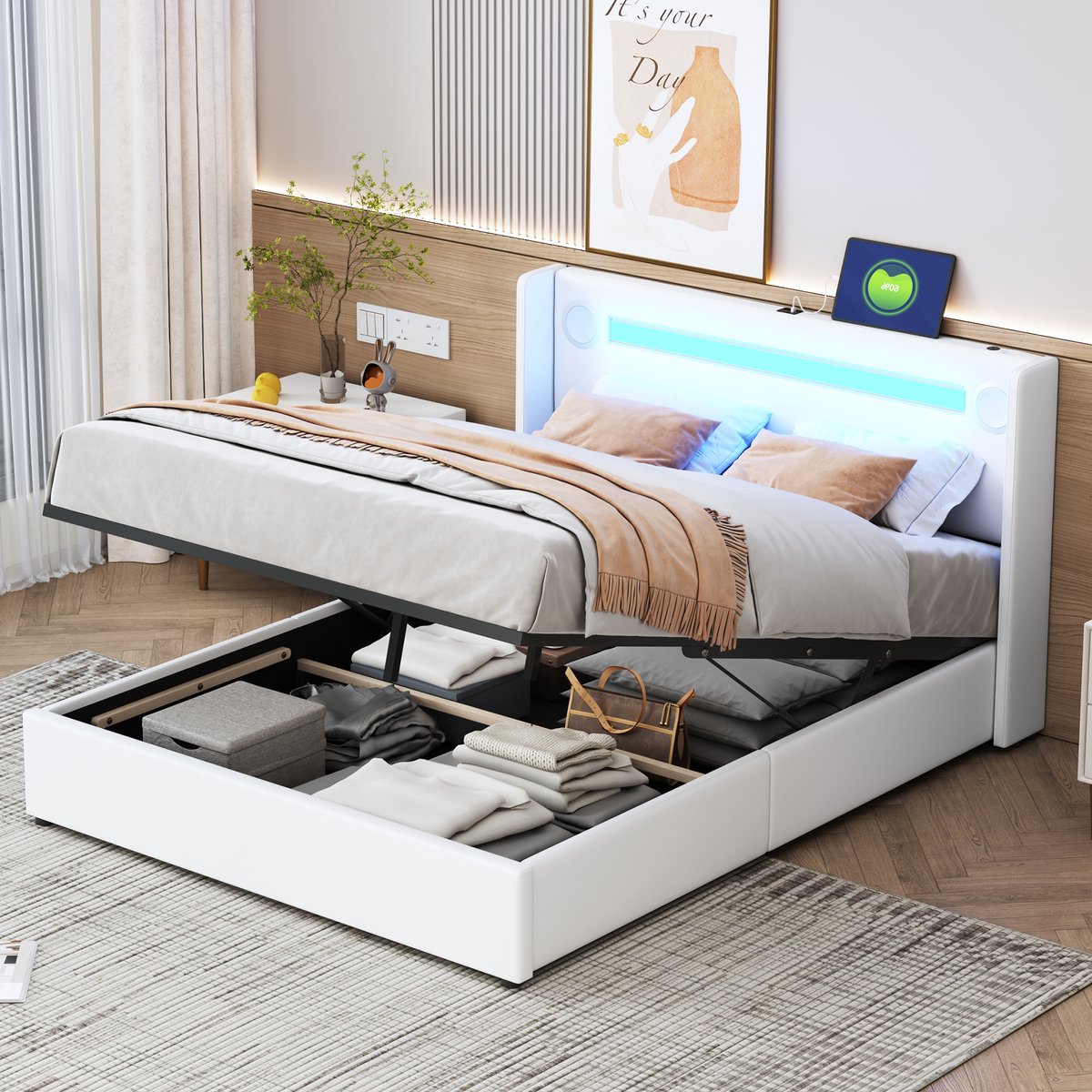 SINGULARITY-Gestoffeerd bed 140x200 met LED-lichtbalk- Bluetooth-speler en USB-oplader- opbergbed- hoogslaper- tweepersoonsbed- wit- zonder matras