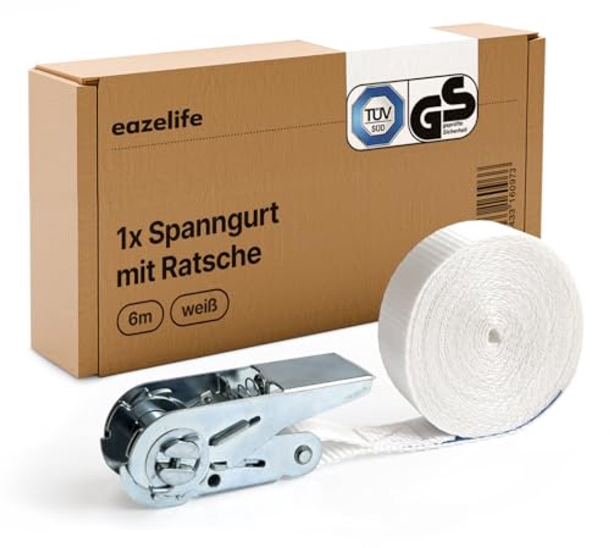 Spanband 6 m, 25 mm voor droger en wasmachine, TÜV & GS-gecertificeerd, sjorband met ratel, 800 daN, wit