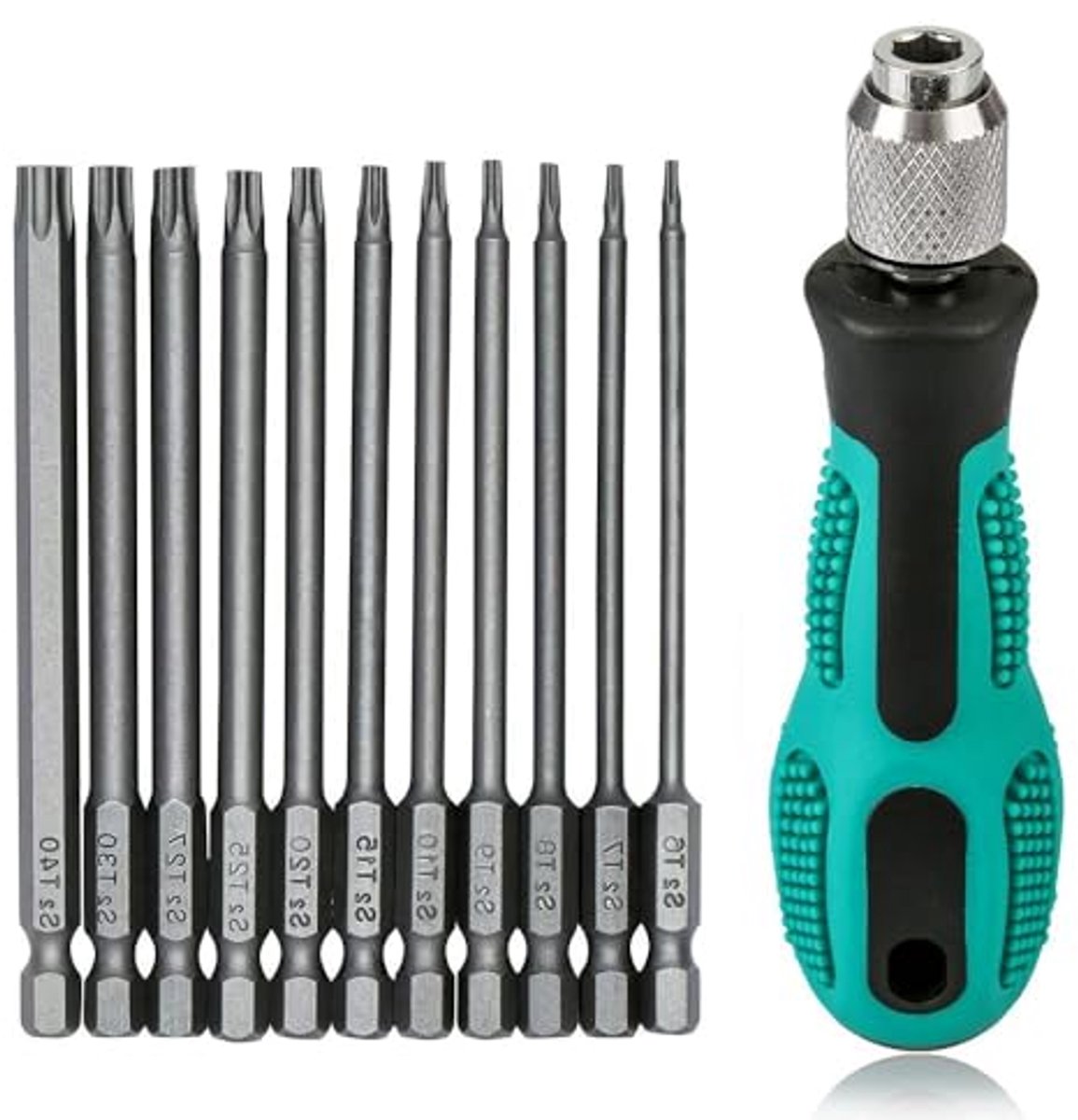 Torx Schroevendraaierset T6-T40 met 1/4 inch magnetische bits en handgreep - S2 staal en 75 mm lengte