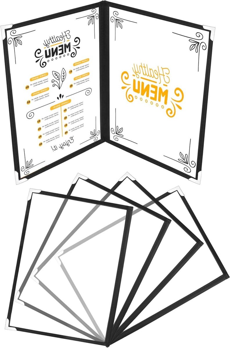 Orivio - Dubbel Geplooide A4 Menuhoezen (5 stuks) - 2x Dubbelzijdige Amerikaanse Stijl Menuhouders - Zwart - Vouwbare Helder Menuhoezen met Hoekbeschermers - Voor Restaurants, Bars, Cafés, Eten & Drinken.
