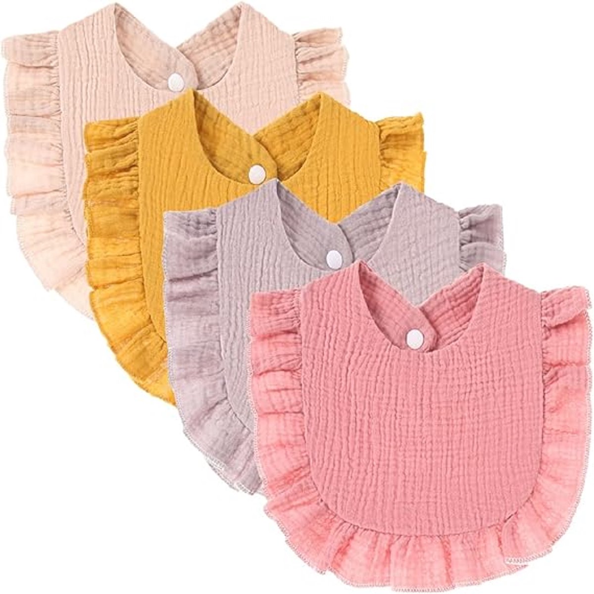Image of 4 stuks slabbetjes wit - Slabbetjes Wit - Gerimpeld - 27cm - Slabbetjes - Slabbetjes - Effen kleur - Unisex - Katoen - Verstelbaar - Geschikt voor doorkomende tandjes, Slabbetjes - Khaki, rubberroze, druivenpaars, kurkuma