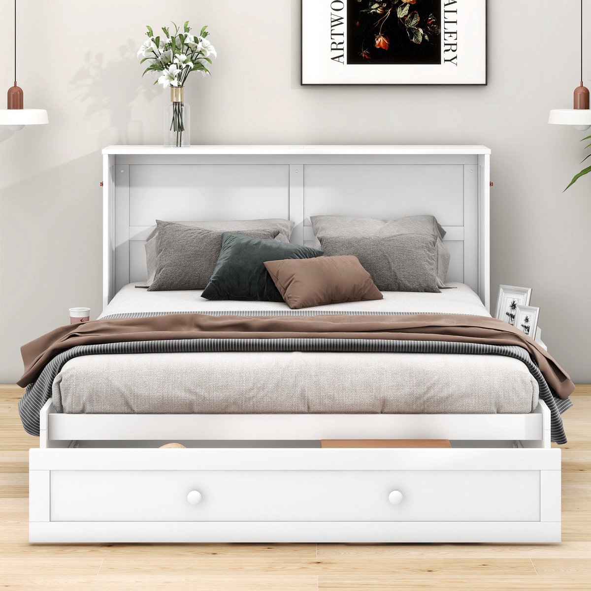 Merax 140 x 200 cm verrijdbaar kastbed - bedvoet met lade - bedzij met klein boekenplankje - ombouwbaar platformbed - wit - zonder matras