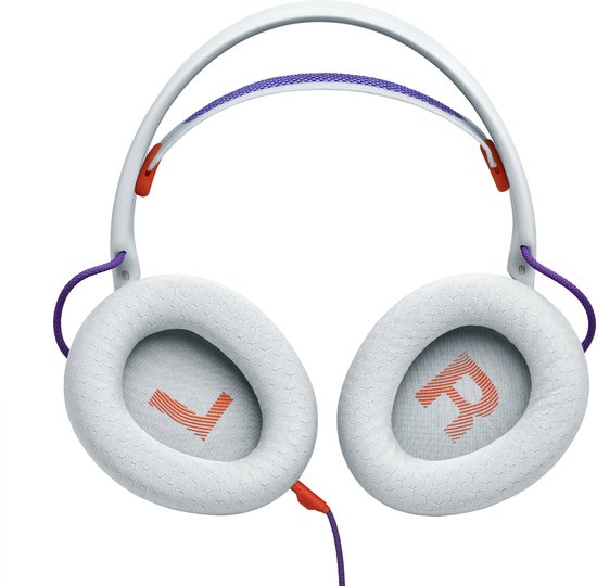 Binnenzijde van witte gaming headset oorkussens, met oranje 'L' en 'R' logo's.