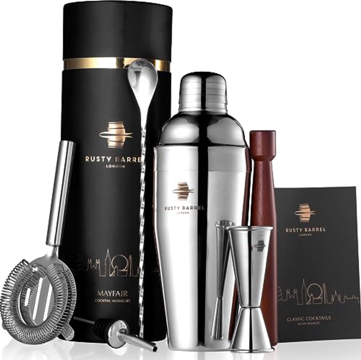 Cocktailset voor Luxe Cocktails | Inclusief Roestvrijstalen Shaker, Stamper, Strainer, Barmaatje en Receptenboekje | Perfect Cadeau