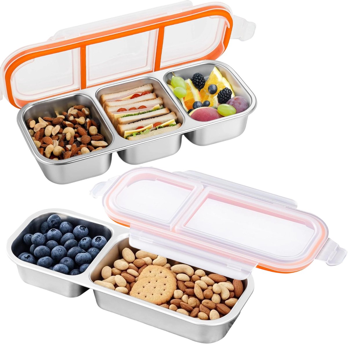 QTTVBTNA - Lunchbox met Vakken - 304 RVS Bento box - met Lekdicht Deksel - Geschikt voor School, Werk & Outdoor - Zilver - 2 stuks