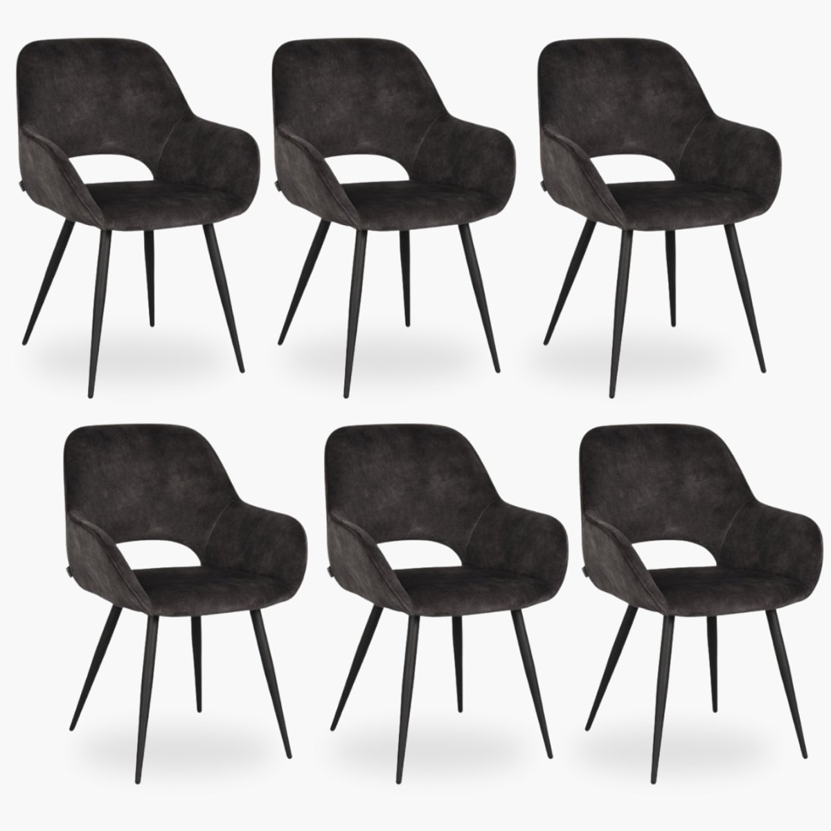 DOK 2 6x Eetkamerstoel Jenna - Graphite Velours - Set van 6 - Grijs - Met Armleuning