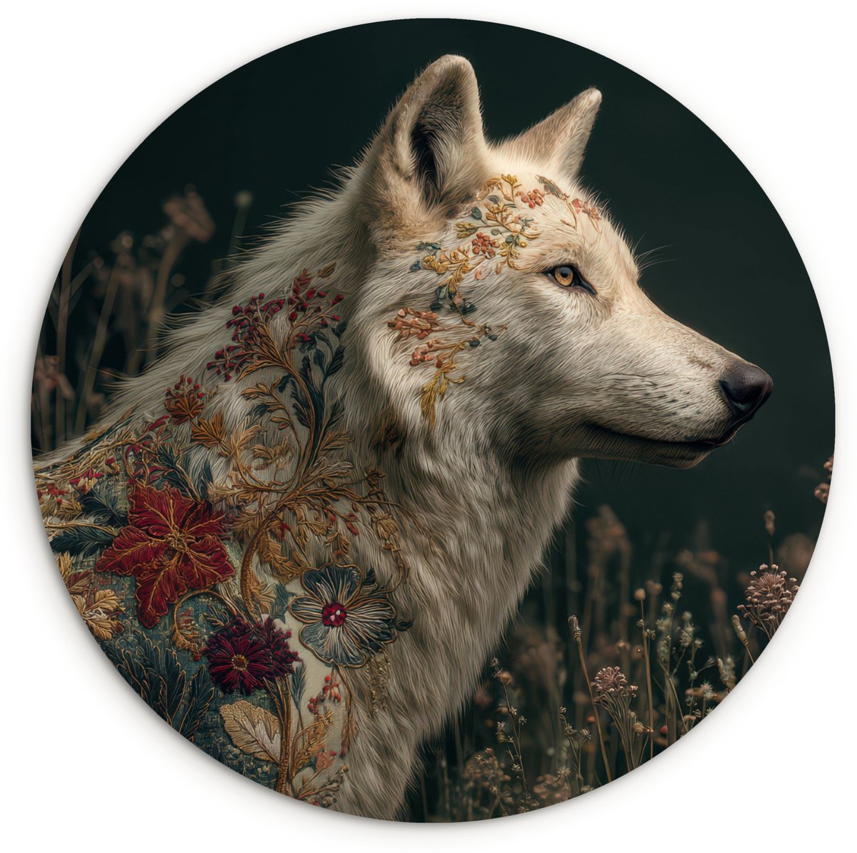 WallCircle Wandcirkel 60x60 cm - Muurcirkel Wolf - Bloemen - Natuur - Muurdecoratie woonkamer - Wanddecoratie slaapkamer - Kamer decoratie accessoires - Ronde schilderijen