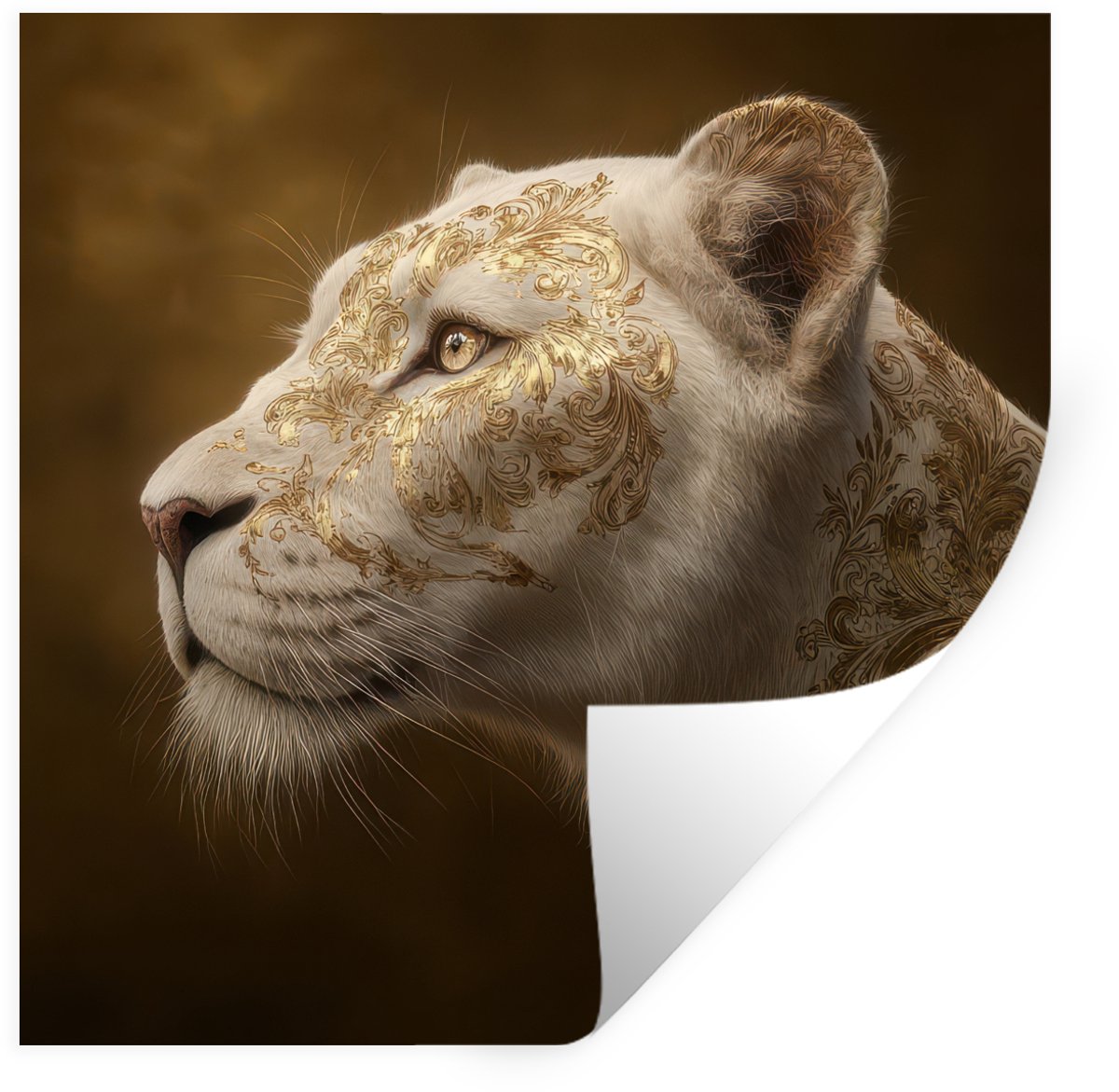 Muurstickers - Sticker Folie - Leeuwin - Bloemen - Wit - Goud - 50x50 cm - Plakfolie - Muu