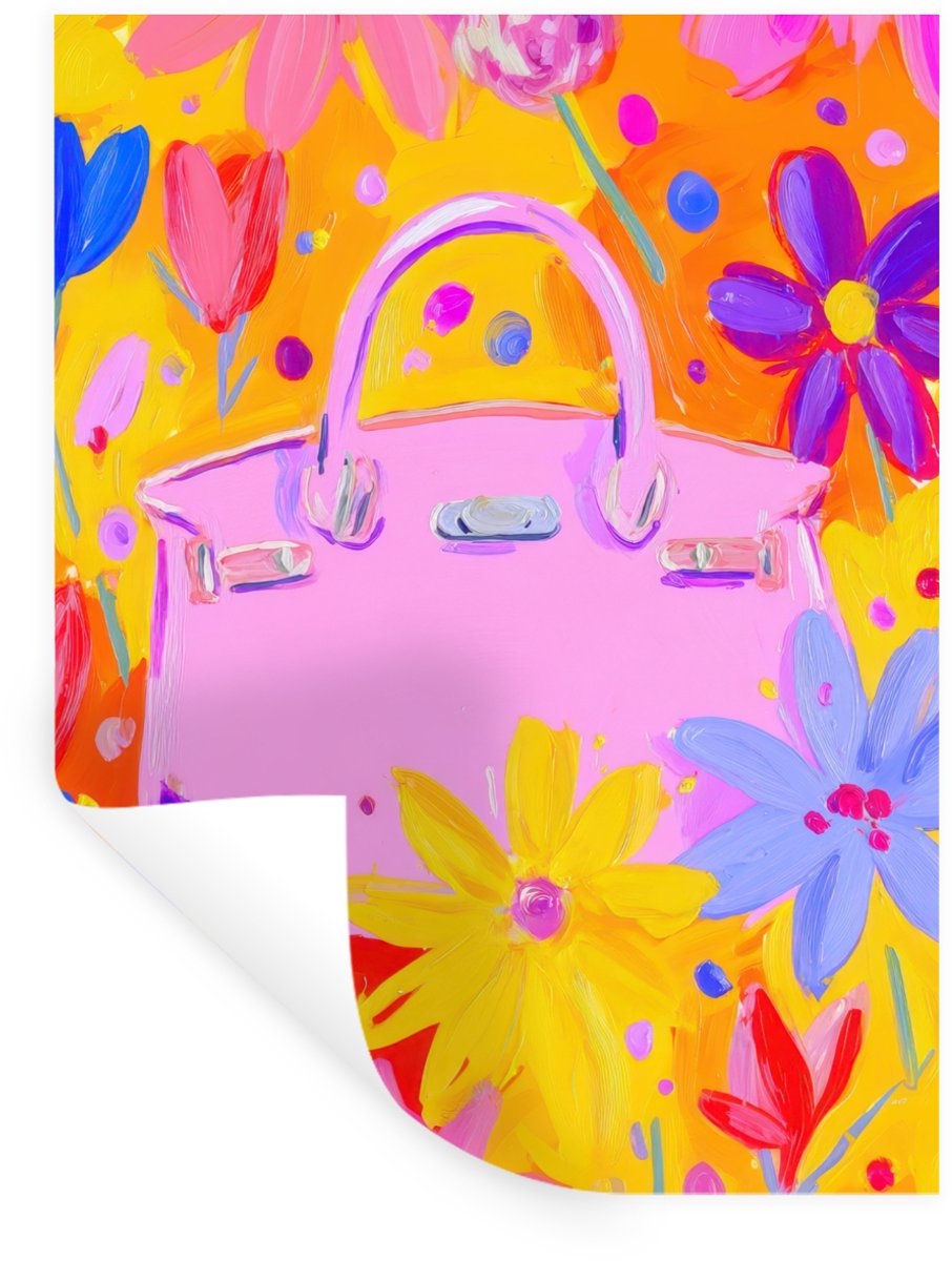 Muurstickers - Sticker Folie - Tas - Roze - Bloemen - 30x40 cm - Plakfolie - Muurstickers 