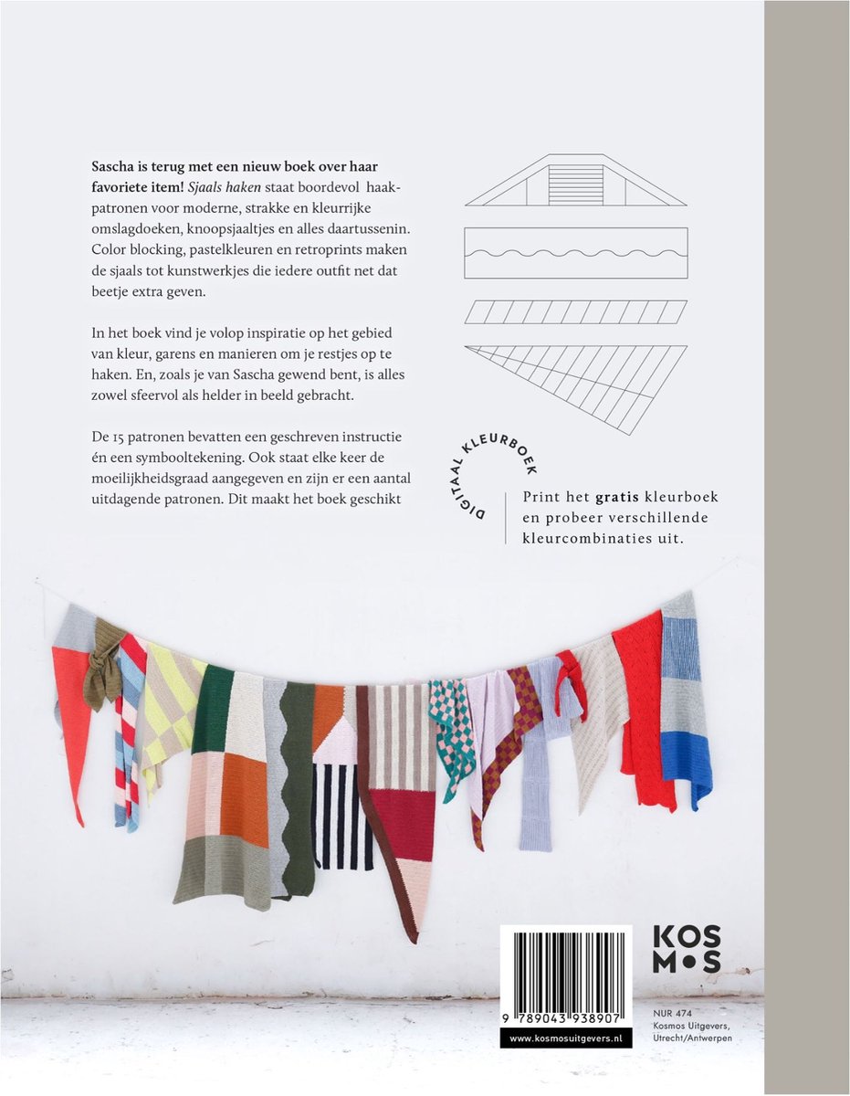 Achterkant van boek 'Sjaals haken'. Toont meerdere gehaakte sjaals in kleurrijke patronen.