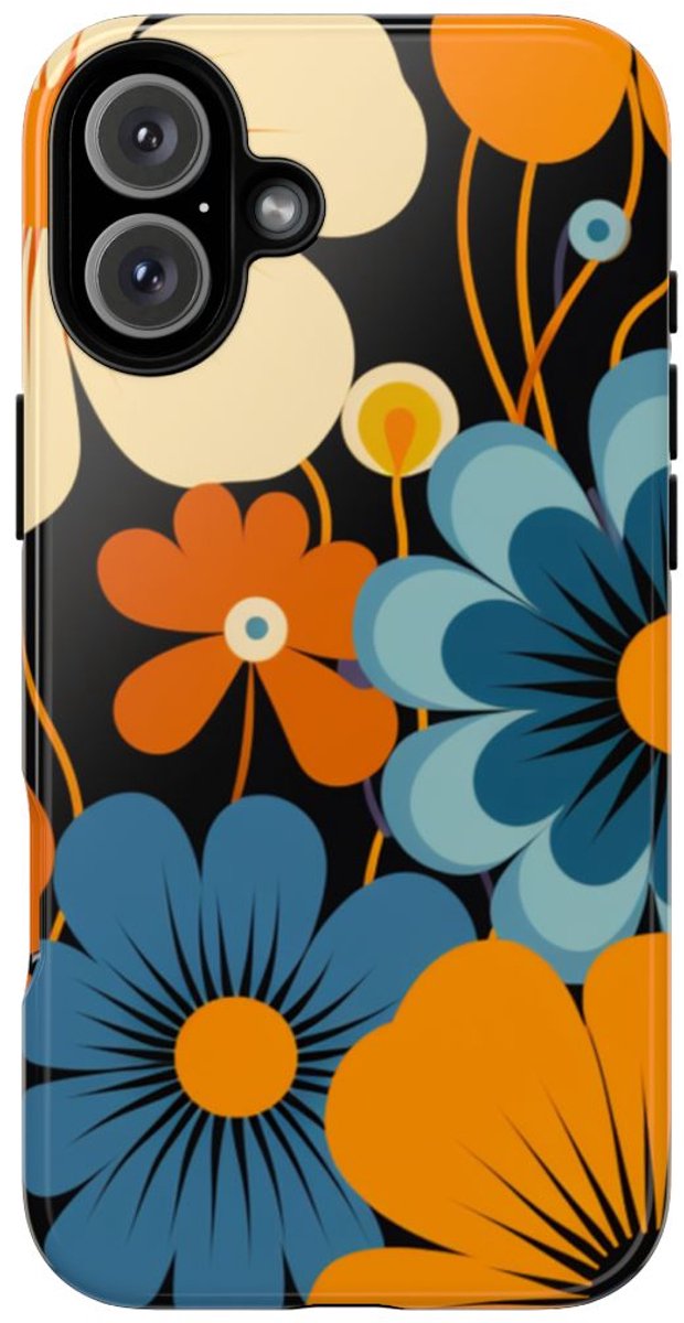 Retro Bloemenpatroon in Oranje en Blauw – Telefoonhoesje Geschikt voor iPhone 16 Plus