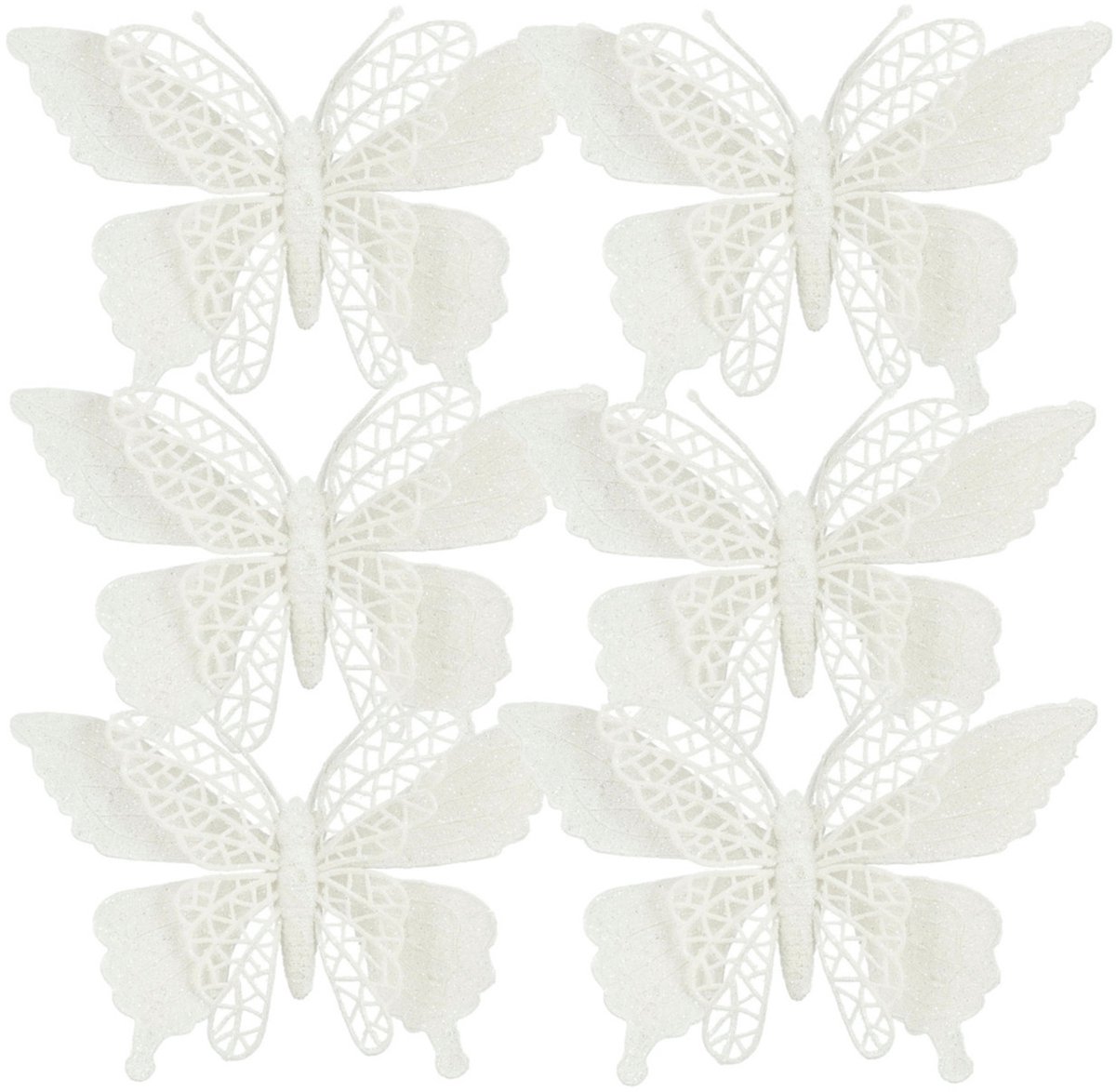 House of Seasons Kerstboomversiering Vlinder - 6x stuks - 16 cm - wit glitter - op clip