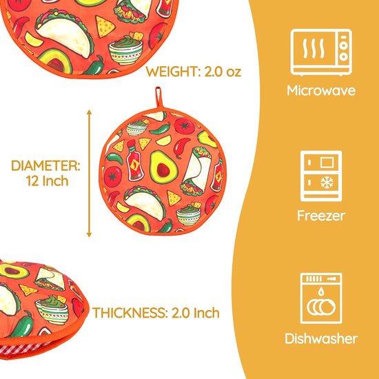 Tortilla Warmer Zak 30 cm - Geïsoleerde Tas voor Taco's en Wraps - Magnetron Veilig - Houdt Voeding 90 Minuten Warm - Geschikt voor Naan en Pizza - Oranje Design - Feestelijke Keukenaccessoire van Baketivity — afbeelding 5