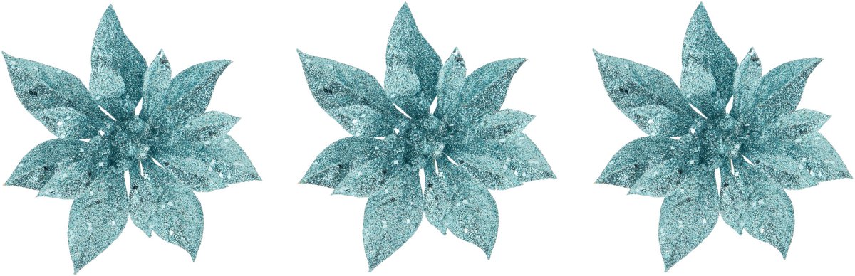 Cosy & Trendy Decoratie bloem - 8x stuks - kerstster - op clip - blauw - glitter -15 cm - kunststof - kerstversiering