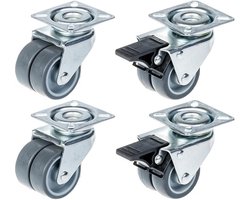 50 mm (2 inch) dubbelwielige zwenkwielen met grijs rubber, zwenkbaar en met rem, draagvermogen 280 kg, set van 4