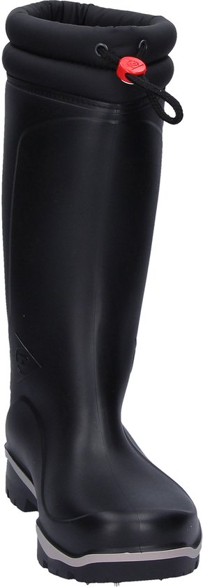 Zwarte Dunlop regenlaars met vulling rond de opening en rode trekker.