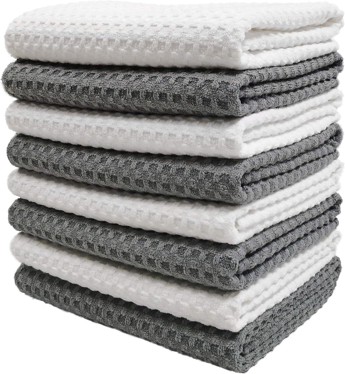 Ultra-Premium Microfibre Kitchen Towel with Waffle Pattern - Pack of 8 - Grey White - 16 x 28 Inch