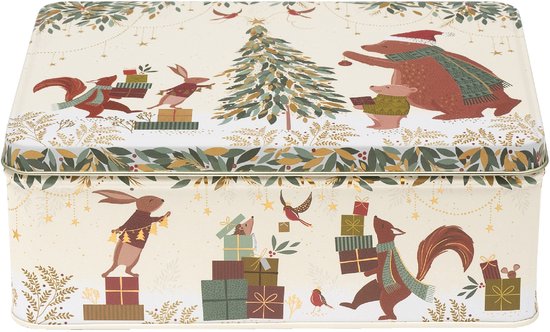Boîte crème avec une scène de Noël d'animaux, de cadeaux et d'un sapin. Dimensions : 18 x 13 x 7 cm.