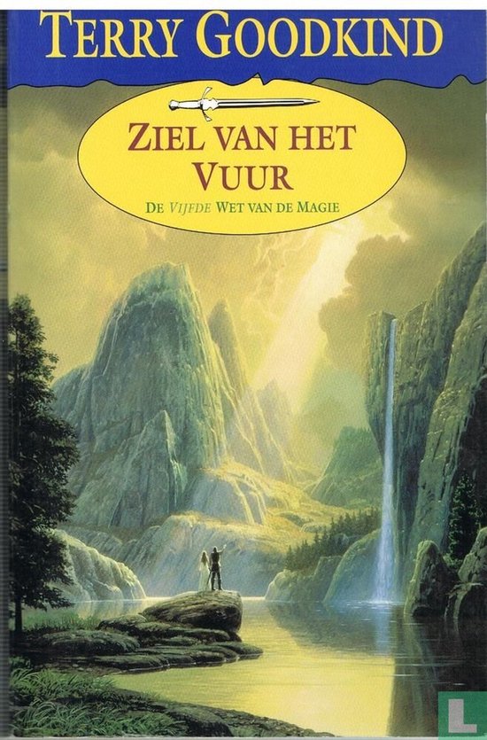 Boekcover van 'Ziel van het Vuur', met twee figuren op een rots bij een waterval.