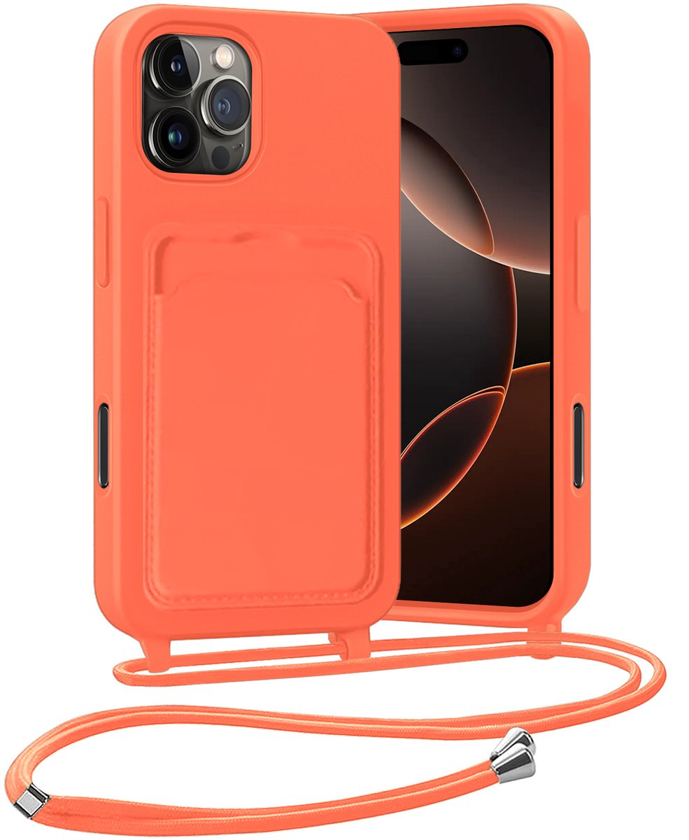 Hoesje Geschikt voor iPhone 16 Pro Hoesje Met Telefoonketting Pasjeshouder Case Koord - Hoesje Geschikt voor iPhone 16 Pro Hoes Met Kaarthouder - Papaya