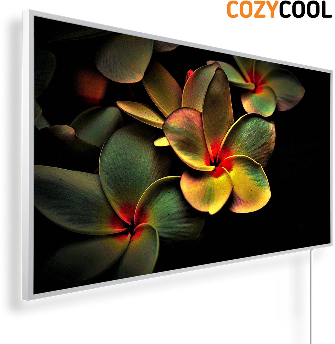 Infraroodpaneel met afbeelding | Kleurige frangipani bloemen | 1200 Watt | Witte lijst | Infrarood verwarmingspaneel | Infrarood paneel | Infrarood verwarming