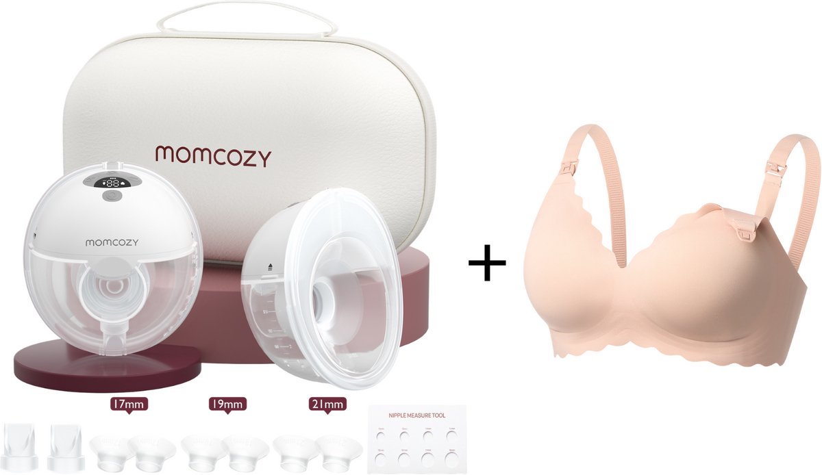 Momcozy M5 Handsfree Dubbele Borstkolf - Met voedingsbeha maat M - Inclusief verschillende borstschild inserts - Extra stil en compact - Elektrisch - Grijs