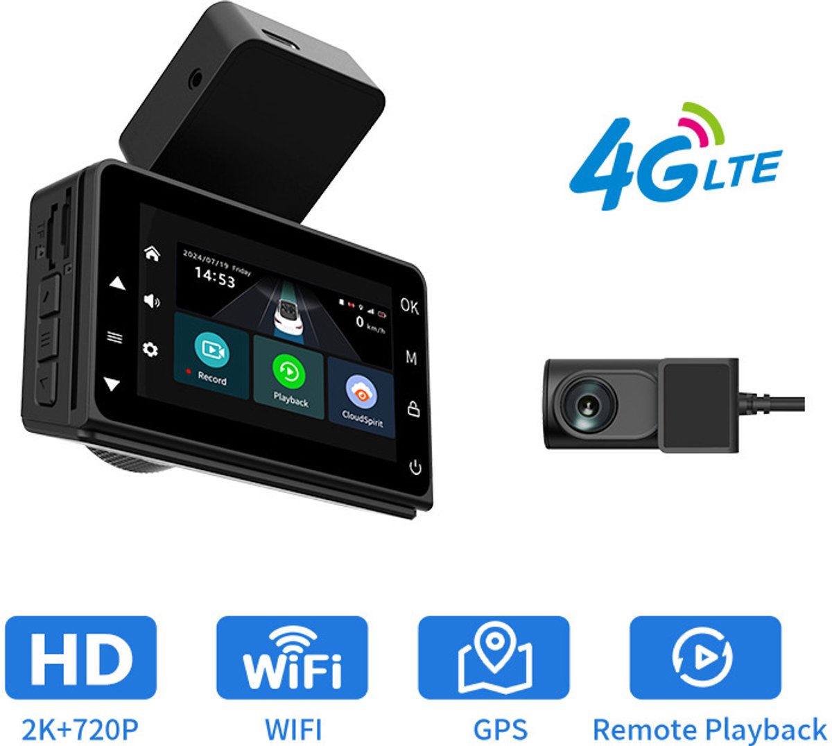 2K-auto-dashcam met 4G GPS en Wi-Fi DVR voor bewaking op afstand