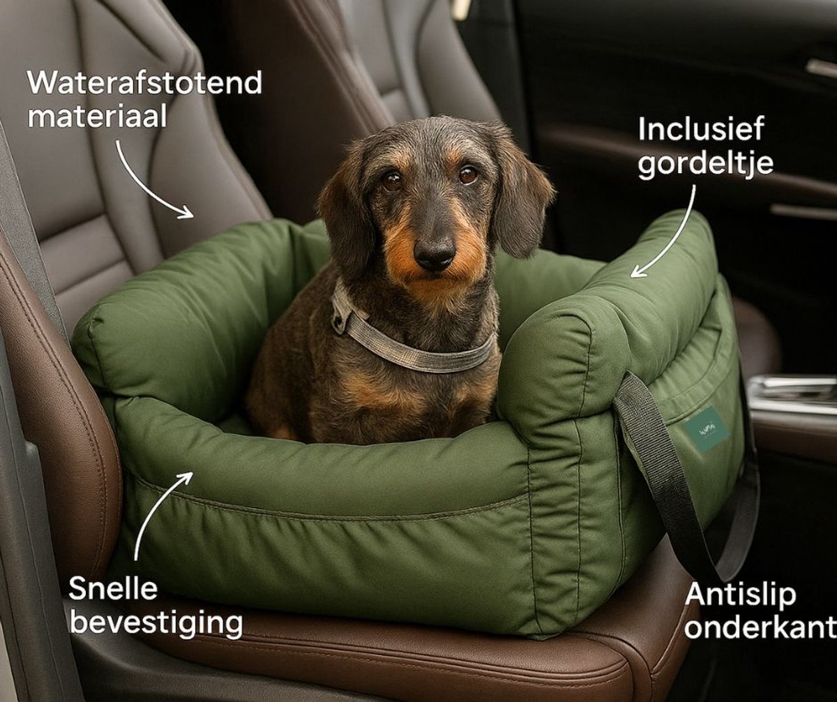 WiMa PetsAndBags – Skipper Luxe Honden Autostoel – Draagtas & Autostoel in 1 – Waterafstotend, Wasbaar & Antislip – Inclusief Gordeltje – Voorstoel & Achterbank – Groen
