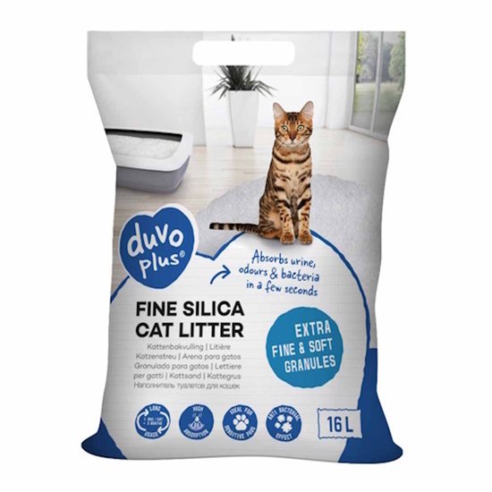 Verpakking met "duvo plus" logo, "FINE SILICA CAT LITTER", "EXTRA FINE & SOFT GRANULES" en een Bengaal kat.