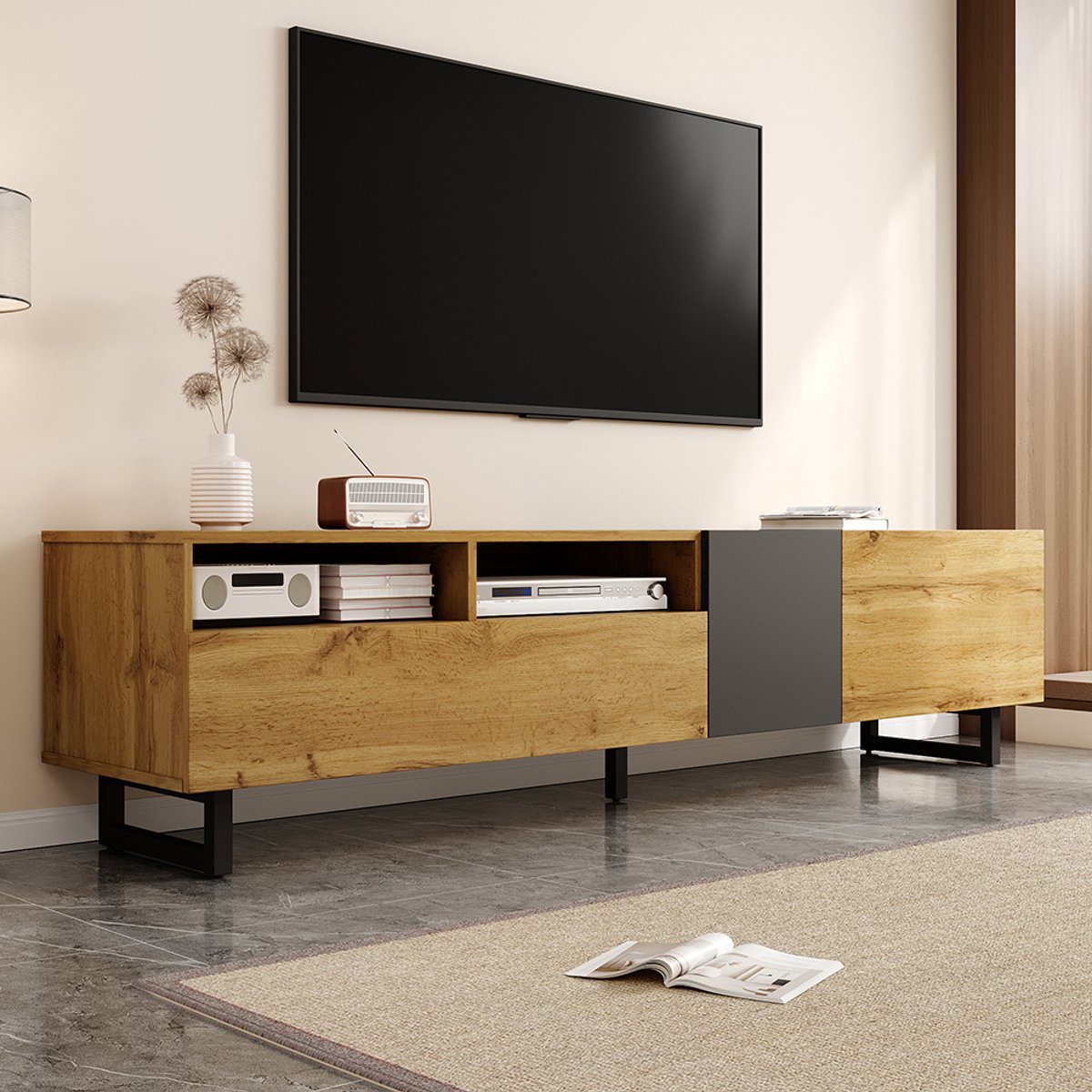 KOMHTOM BLACKCOLORS TV-meubel in kleurblokken, eenvoudig ontwerp met contrasterende kleuren, drie deuren en twee compartimenten, metalen U-poten, retro houtnerf Antiek donkergrijs, Natuurlijk
