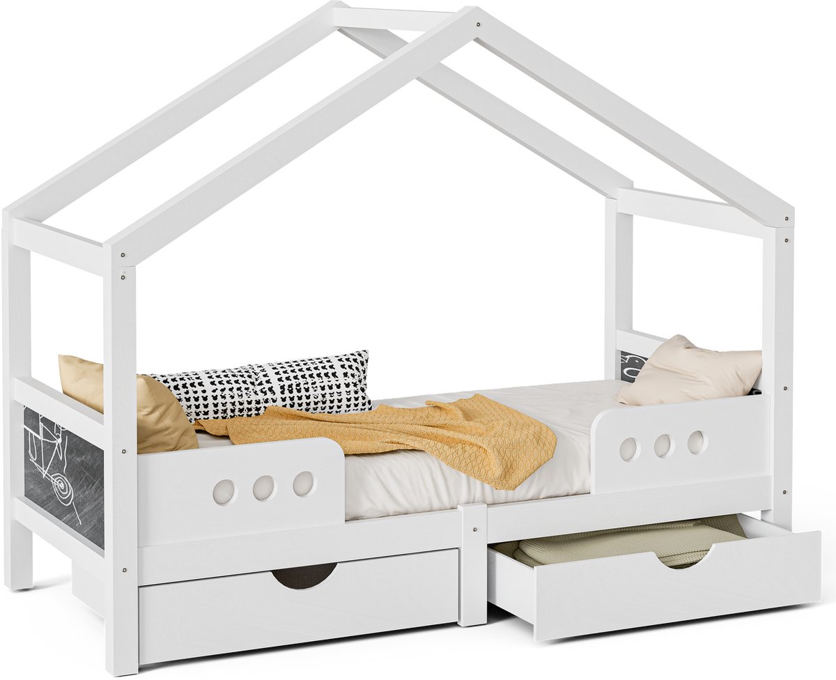 Merax Bed in Huisvorm met Dak - 90x200 cm - Houten Kinderbed met 2 Grote Laden en Krijtbord - Wit - Belastbaar tot 120 kg