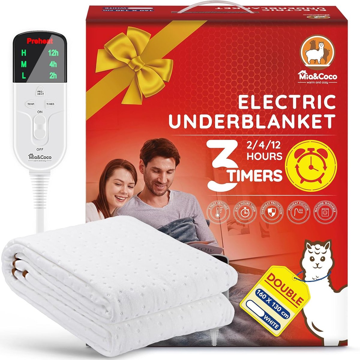 Elektrische deken automatische uitschakeling - 160 x 130 cm - 12-uurs timer - 3 warmteniveaus - LED-display - oververhitting beveiliging - machinewasbaar