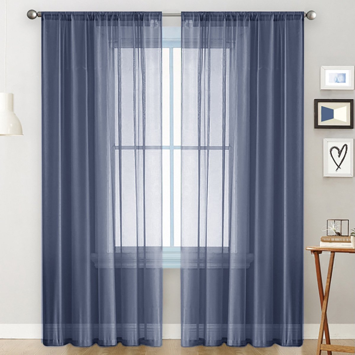 Set van 2 semi-transparante ringgordijnen voor slaapkamer, woonkamer, huis, 132 x 241 cm,Schemerblauw